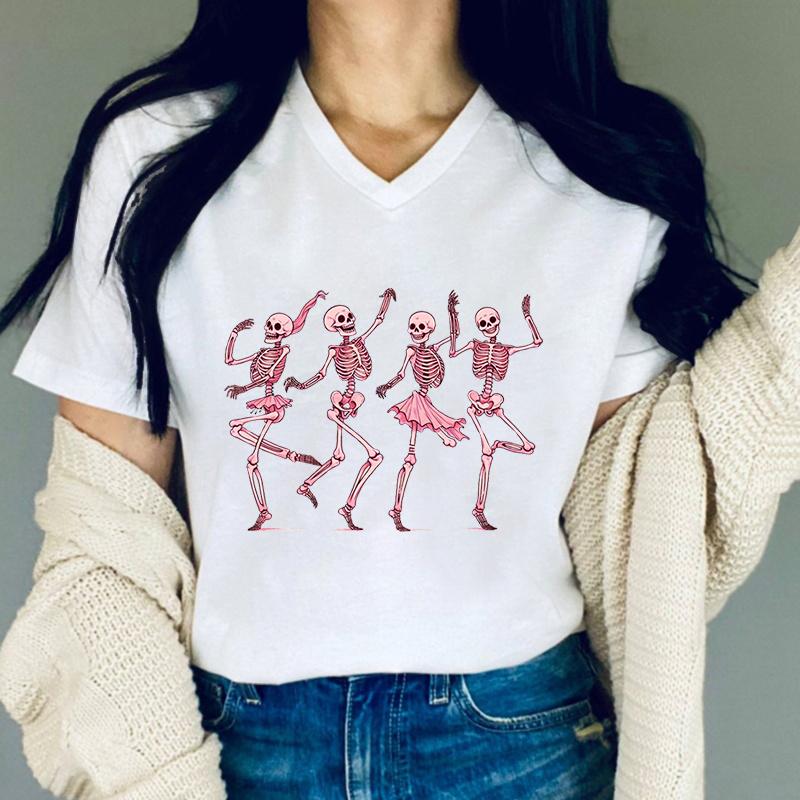 Dancing Skeletons Halloween Women Tshirts Round Neck Pink Skeleton Print Funny Women Clothing Cute Skeletons Halloween TShirt S