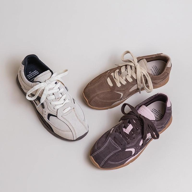 Autumn new flat-bottomed women's pink and brown three-color retro casual sneakers