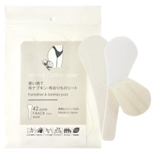 

Amy T-Back Liner, Cotton Panty Pads with Tape, Made in Japan, 100% Cotton, Disposable Cloth Pads (White (Unbleached Cotton), 42 Count)