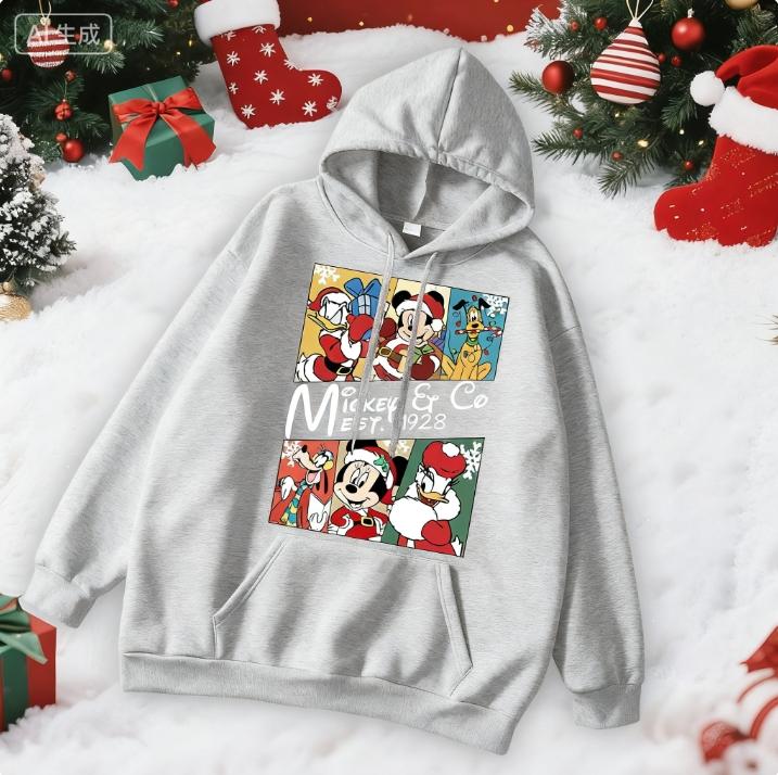 Weihnachts-Disney Eltern-Kind Outfits, Mickey Mehrfarbige Kapuzenpullover, Kinder Kapuzenpullover, Paar Familien Feiertagskleidung