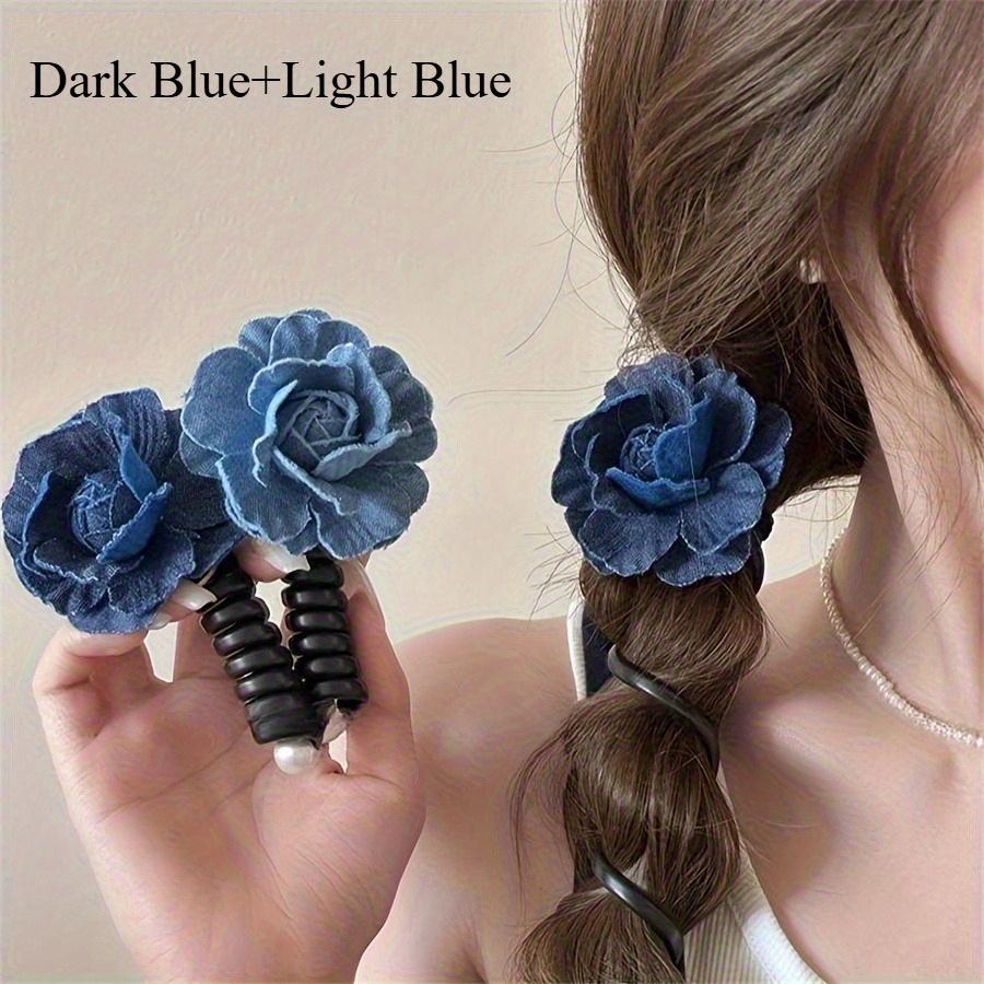 

2 шт. Элегантная милая акриловая спиральная резинка-скранчи для волос цвета деним с цветочным дизайном, прочная резинка для волос высокой эластичности для женщин,