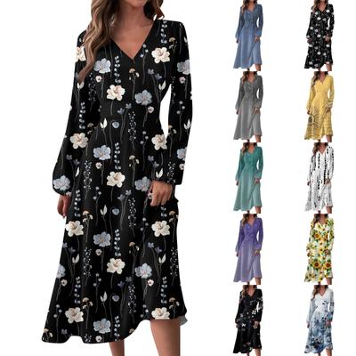 Rochie de damă de toamnă și iarnă ocazională, cu decolteu în V, cu mâneci lungi, cu imprimeu