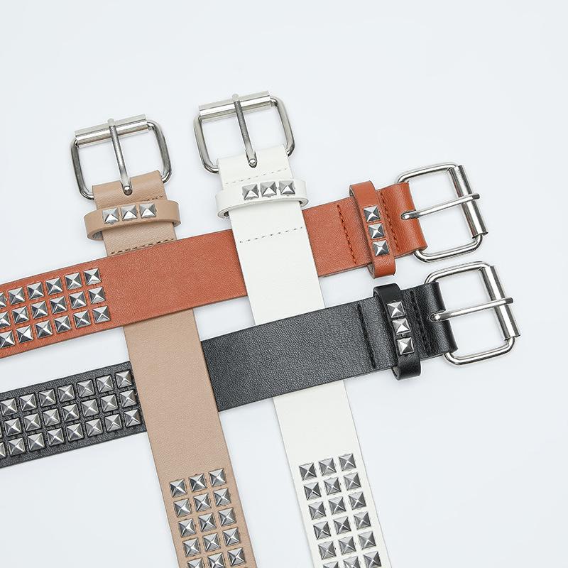 Punk Men'S Belt Metal Pyramid Square Bead Rivet Decorative Corn Buckle Hollow Belt Women