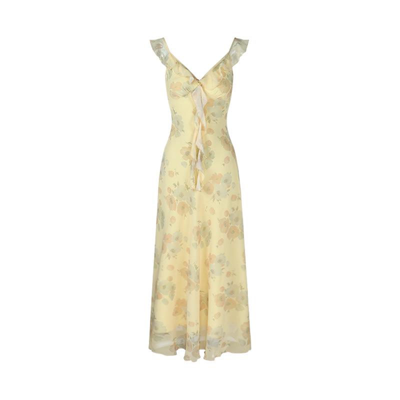 Women s Yellow Floral Ruffle Puff Sleeve Elegant Summer Long Dress 2XL жёлтый