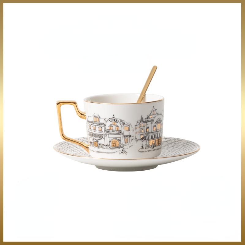 

Европейский город Пномпень Керамическая чашка для кофе и набор тарелок Ретро-чашка для послеобеденного чая Высококачественные кружки из костяного фарфора Кофейные чашки 220ml