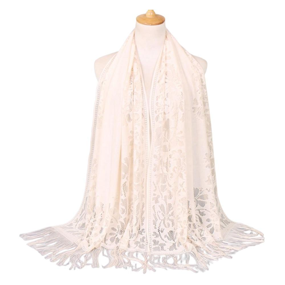 Cross-Border Solid Color Lace Scarf Cotton Blend Muga Silk Hollow Scarf Hollow Design Tassel Trim Mesh Scarf Casual Wear