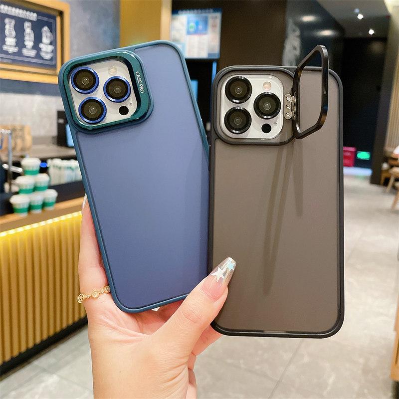 With Lesn Film Metal Camera Holder Stand Phone Case For iPhone 15 Plus 14 Pro Max 13 Pro 12 11 Shockproof Matte Lens Bracket Shell Cover
