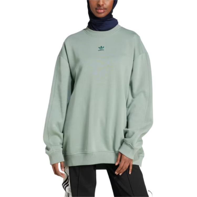 Adidas Originals Logo Print Crew Neck Pullover Drop Shoulder Long Sleeve Sweatshirt Women Sweatshirt Green JD1539