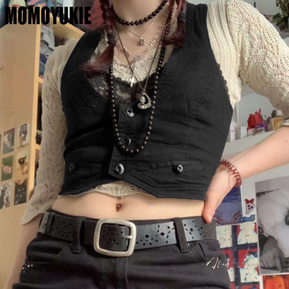 Gothic Fashion vintage Jacket Vest Solid Aesthetic Vintage Slim Button Streetwear Chic Vest Tops Sleeveless Casual Tanks Cropped