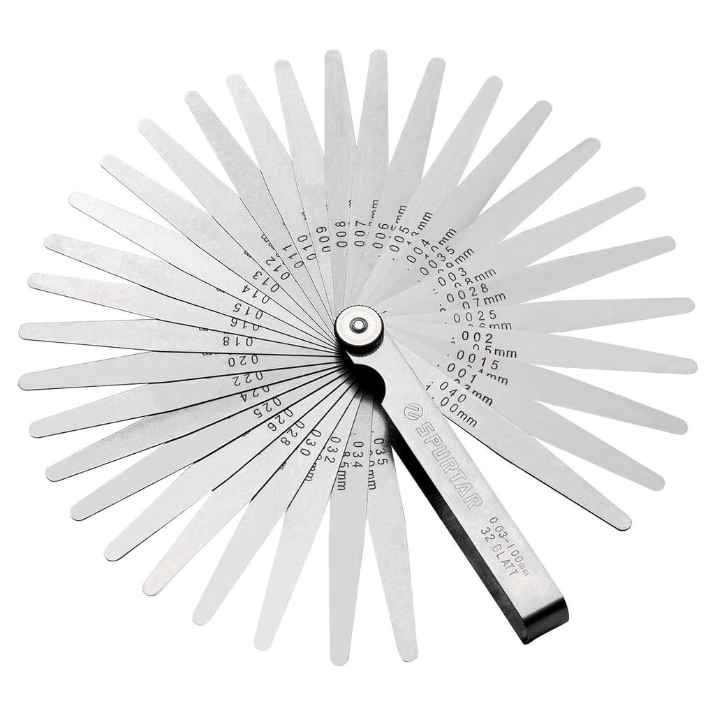 Spurtar Feeler Gauge 0.03-1.00mm, 32 Blades Dual Marked SAE and Metric Valve Gauges Measurement Tool for Measuring Gap Width Thickness