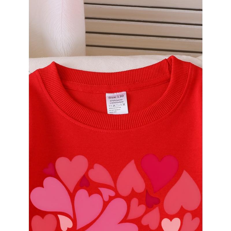 European Sizes Girls' Crew Neck Sweatshirt with Heart Pattern Love Design In Red Pink, Soft Cozy Pullover, Warm Casual for Autumn & Winter.