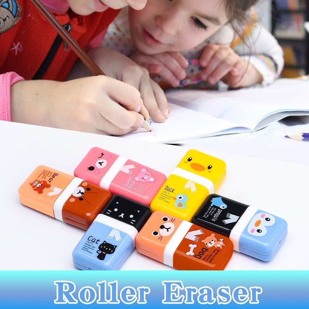 Sooez 12 Pack Pencil Erasers, Cute Erasers Pencil Eraser with Clean up Roller Pencil Eraser Shaving Roller Case Erasers for Party Favors Gift