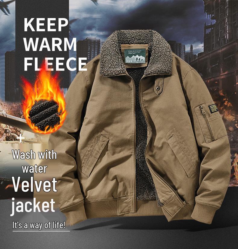 Men's Cross-Border Lambswool-Lined Cotton Jacket - Autumn/Winter Casual Flight Suit with Velvet Lapel