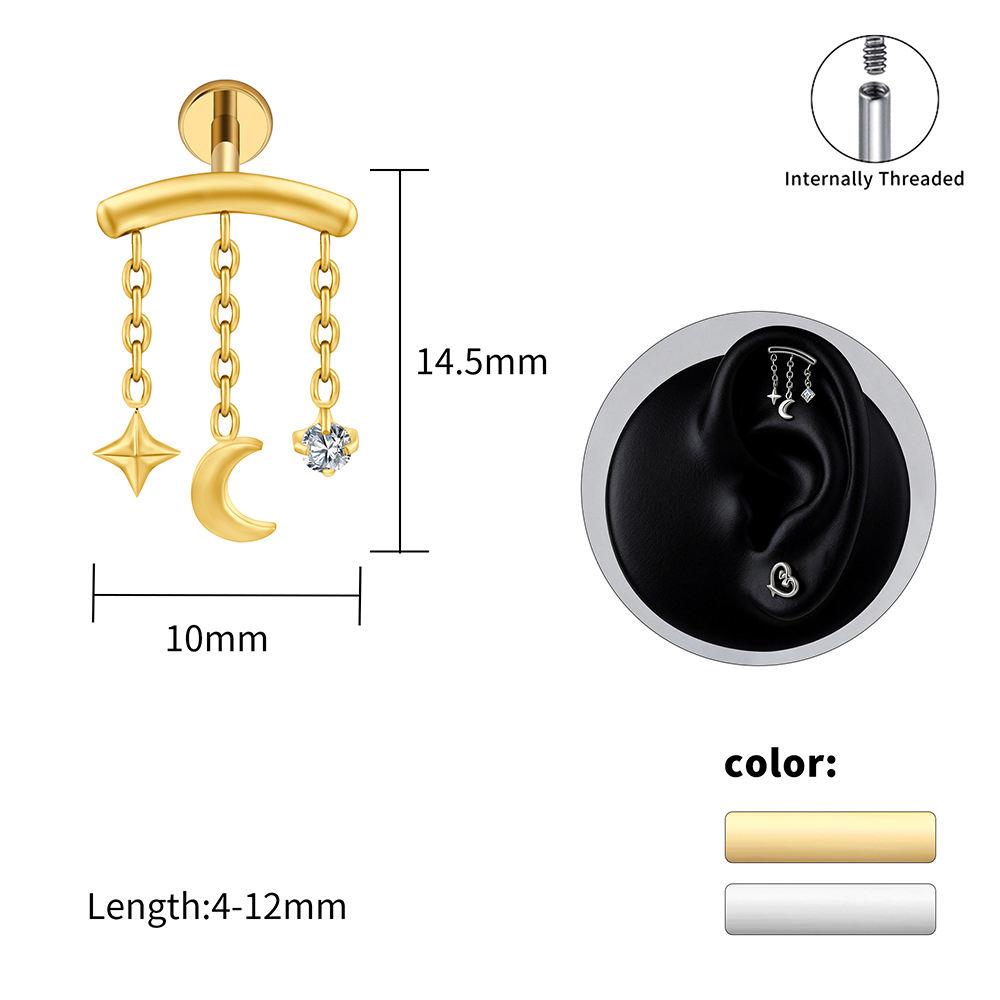 Hidden Helix Body Jewelry: Titanium Floating Zircon Moon Star Chain Pendant Earrings