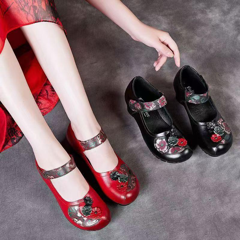 National Retro New Women's Shoes Middle-aged and Elderly Shallow Mouth Velcro Leather Shoes Soft Sole Comfortable Mother Square Dance Shoes