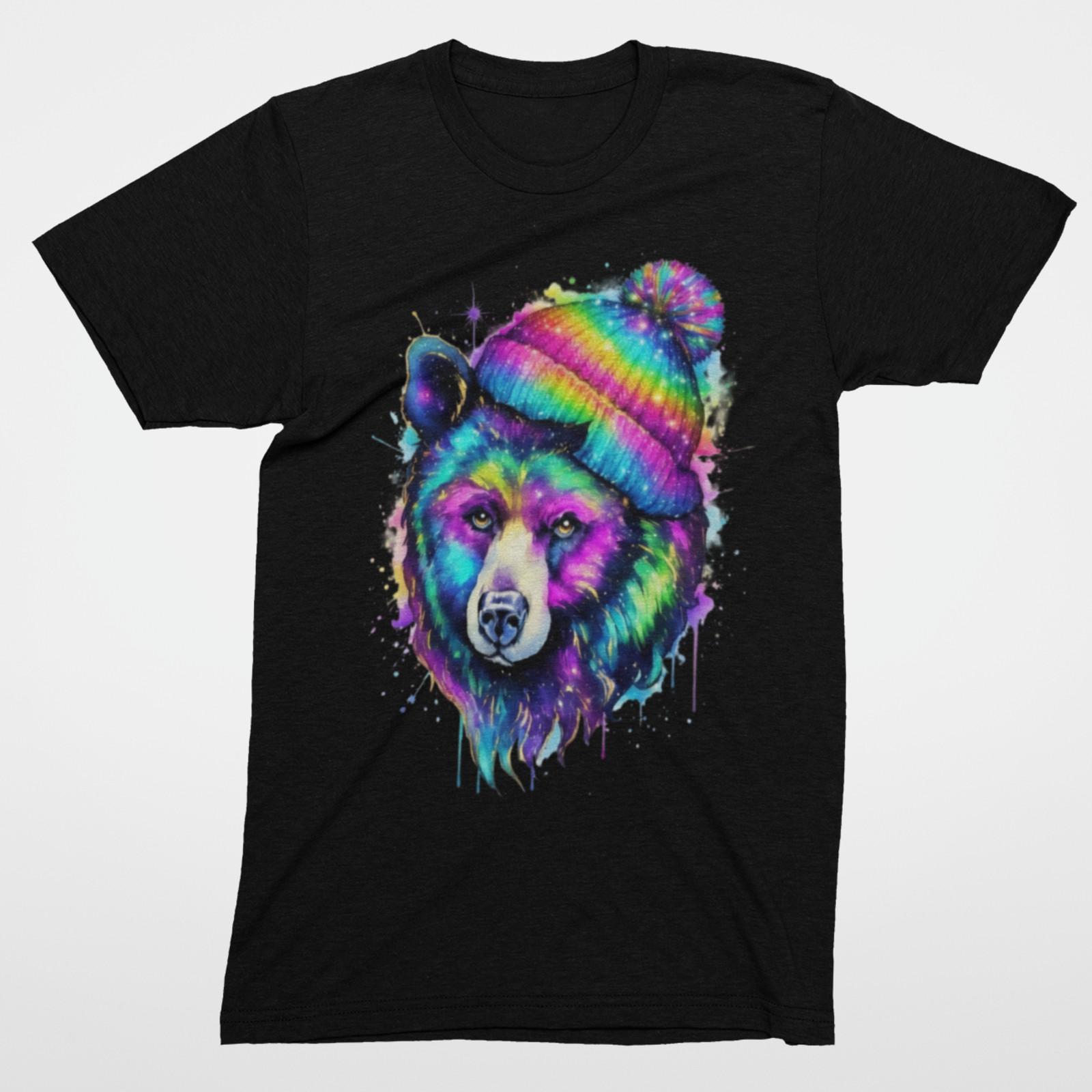 Vibrant Psychedelic Bear Rainbow Beanie Tee 4XL