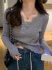 Gray Lace V-Neck Knit Sweater - Women's Slim Fit Long Sleeve Hollow Out Top for Autumn/Winter