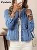 New Women's Ruffled Hem Denim Shirt Jacket with Puff Sleeve Top