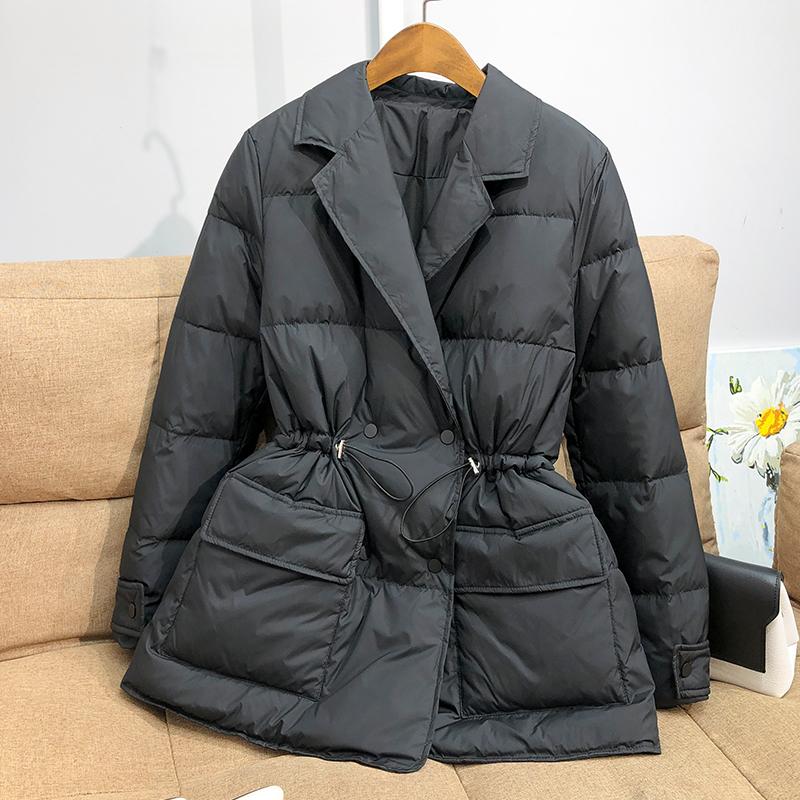 Down Jacket Winter Women White Duck Down Coat Female Notched Collar Double Breasted Coats Casual Lady Drawstring Puffer Outwear