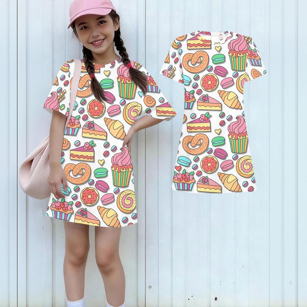 Girls Print Casual Dress Kids Loose Round Neck Short Sleeve Thin Sundress