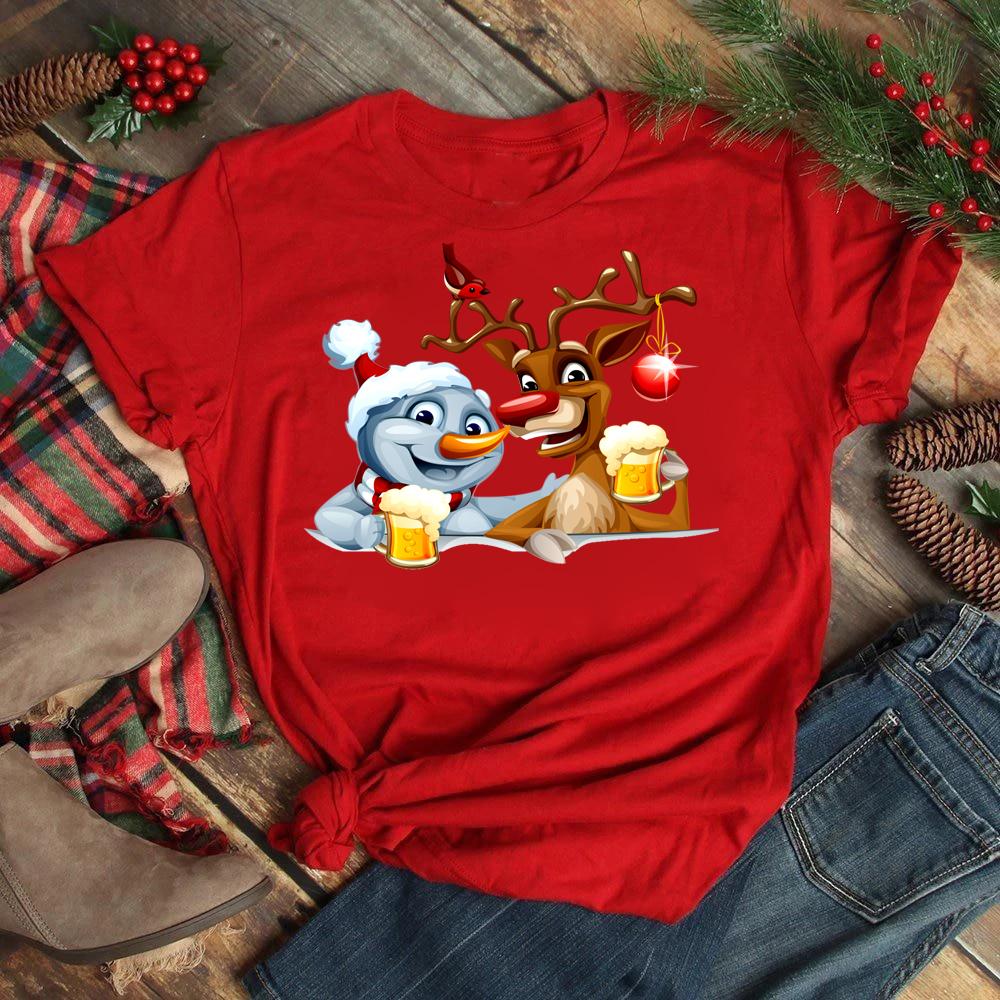 Funny Santa Claus with Christmas Elk Print Women T Shirt Casual Short Sleeve O-Neck Red Tshirt Ladies Y2k T-shirt Female