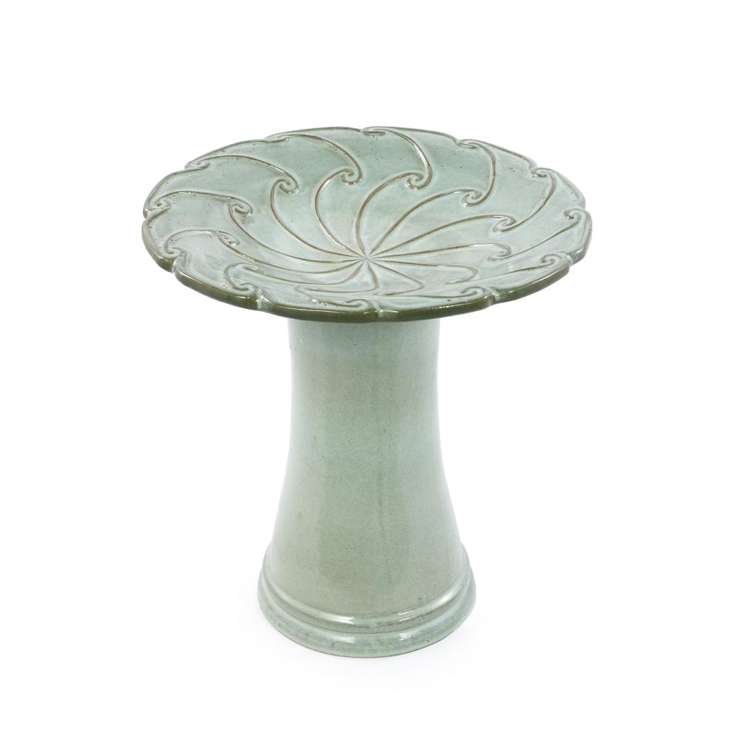 Handmade Ceramic Bird Bath (diameter 43 cm, Height 45 cm), Light Green, Radial Swirl Relief, Weatherproof & Frost-Resistant, for Garden, Terrace