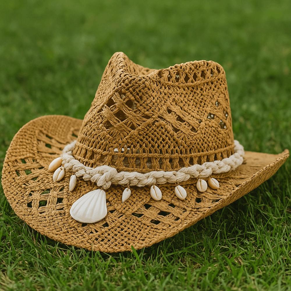 New Hollow Cowboy Straw Hat Large Brim Seashell Beach Sun Hat Big Head Circumference Bohemian Hat Sunshade