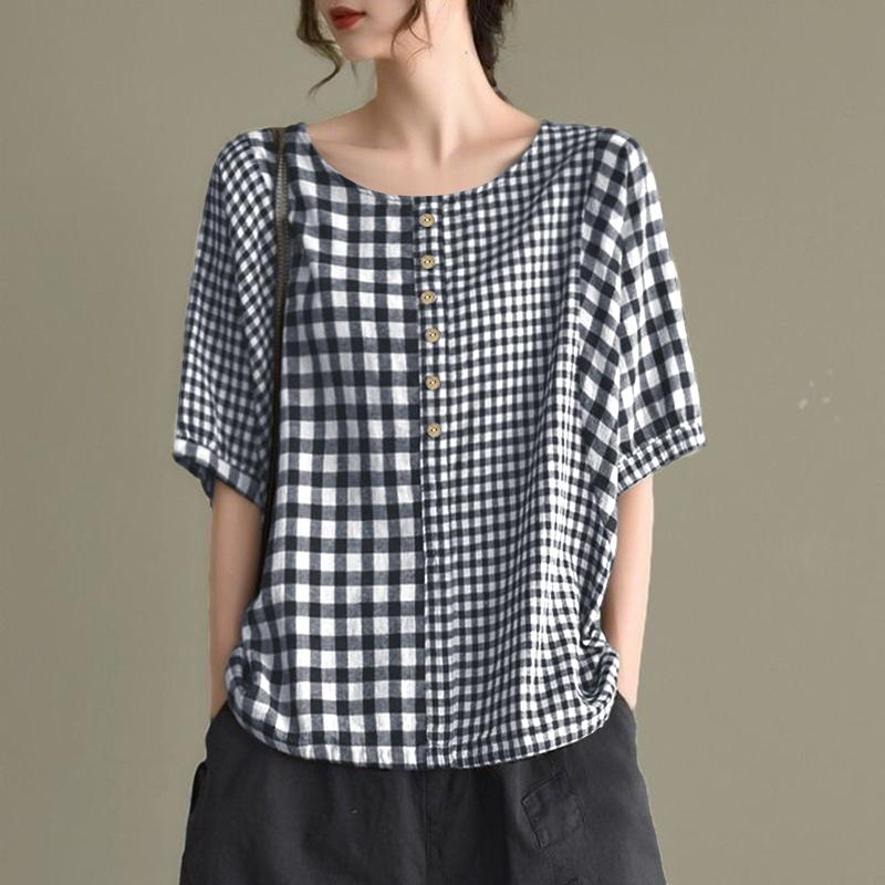 ZANZEA Women Casual Plaid Print Loose Half Sleeve Blouse