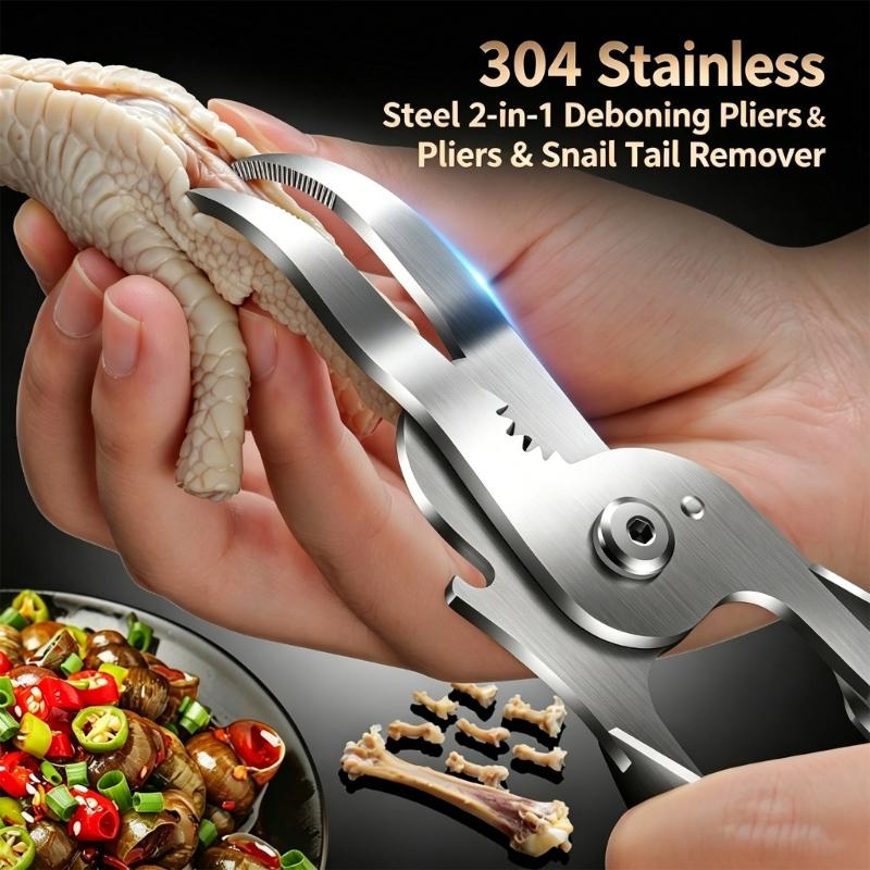 Chicken Feet Deboning Pliers in 304 Metal, Long Handle Tool with Grip Slot for Poultry Work, Tail Removal, and Joint Area Use for Kitchen Use
