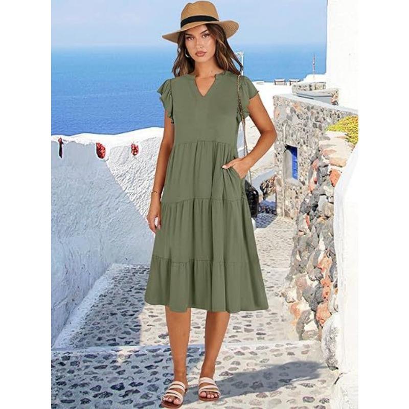 V-neck Fashion Elegant Summer Lotus Leaf Sleeve Dress Large Swing Pocket Party Dress Solid Color Casual Sweet Mid Length Splicing Dresses