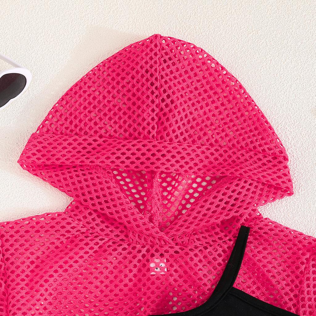 Girls Summer Fashion Set Pink Mesh Hoodie + Black Strap Dress Two Pieces