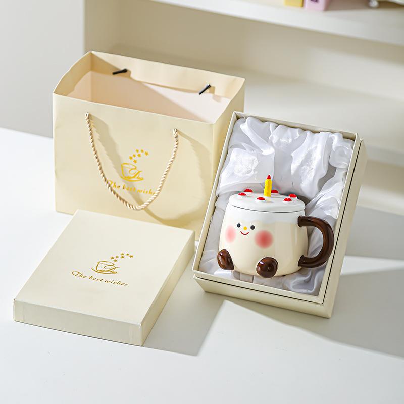 Creative Cartoon Cake Cup Birthday Gift Souvenir Ceramic Cup Cute Good Looking Water Cup with Lid Mug
