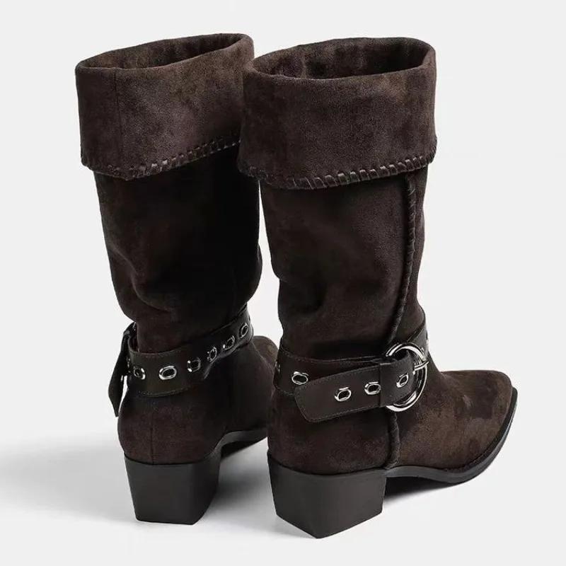 Fashion Women's 2025 New Fashion Mid-leg Boots Long-leg Knight Boots Block Heel Pointed Toe Cowhide Western Pile Boots