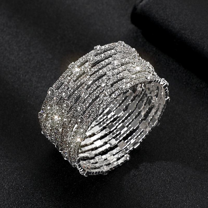 Claw diamond multi-row winding bracelet full diamond steel wire wide bracelet bride diamond-set opening elastic bracelet