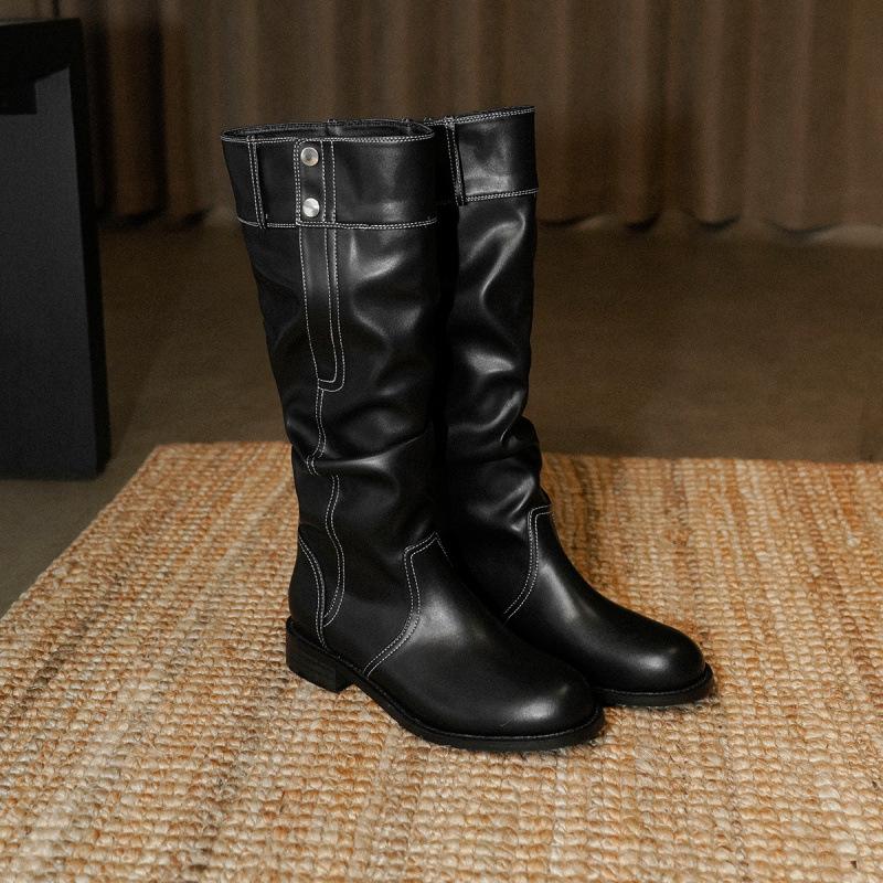 Cowhide~ Pleated piled boots for women, but thin over the knees, big tube circumference leather boots, thick heel thick knight boots