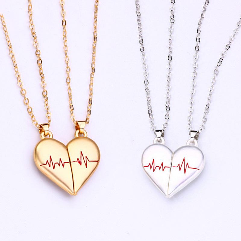 Magnetic Love ECG Couple Pendant Necklace - Unique Design with Clasping Hearts