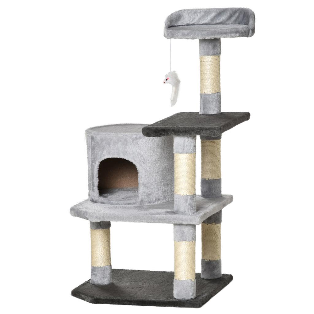 Cat Tower with Platforms, Houses, Play Mouse, Scratching Posts and Covered in Plush 48x48x100 cm Grey