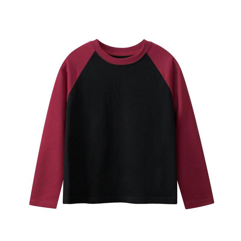 Spring and Autumn Long-Sleeved T-Shirts for Boys and Girls, Round Neck Patchwork Sleeve Tops, Solid Color Plain Bottoming Shirts for Older Children