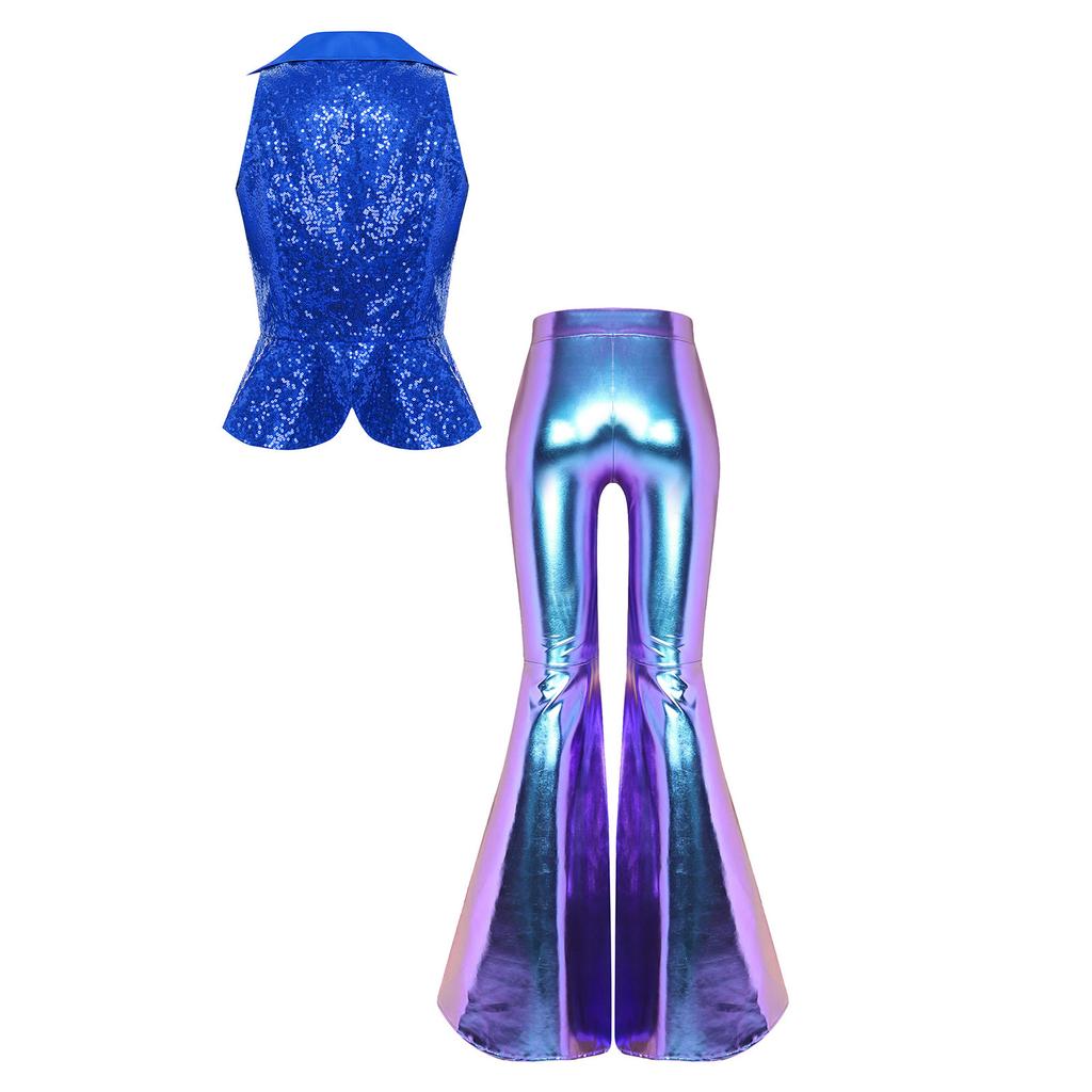 S-3XL Brokatowy Zestaw Dwuczęściowy Disco Sequinowy Kołnierz Krótka Kamizelka i Spodnie Dzwony z Wycięciem po Boku na Klub Nocny Studniówkę