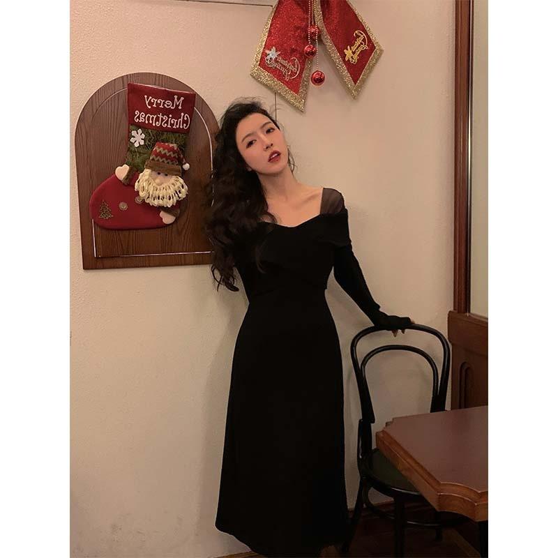 

Autumn and winter high-end sense gentle splicing mesh red Christmas knitted dress sweater skirt children s dress skirt S чёрный