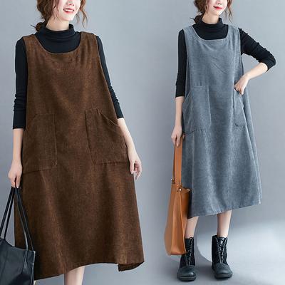 Jesień Zima Czarny Szary Brązowy Sztruks Sukienka Bez Rękawów Tank Top Sukienka w kształcie litery A Kobiety Kieszenie Z Przodu Vintage Midi Vestidos