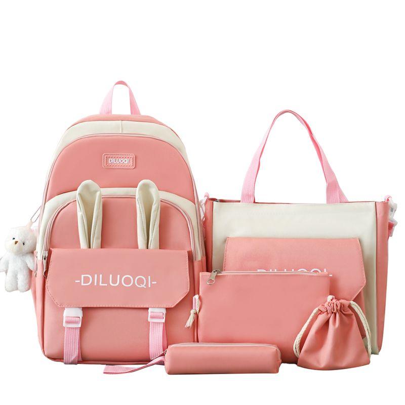 Autumn New Canvas Backpack Women's Korean Version Large Capacity Five-Piece Set Middle School Student Backpack College Student