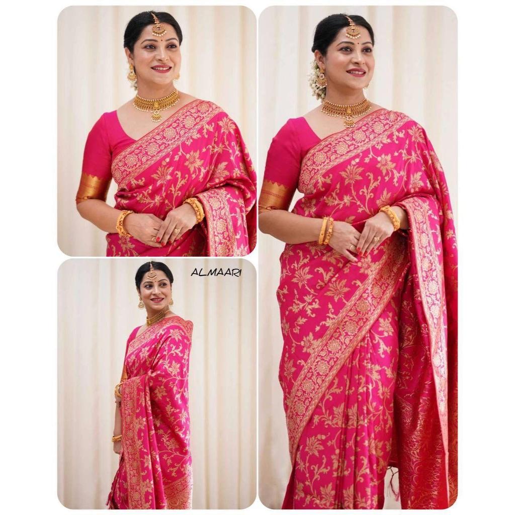 Silk Saree from the ALMAARI Store Is Adorned with Beautiful Zari Work In Form of Traditional Motifs.