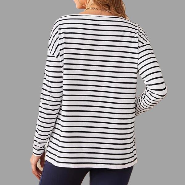 Striped Pocket Round Neck Long Sleeve Maternity Top for Women