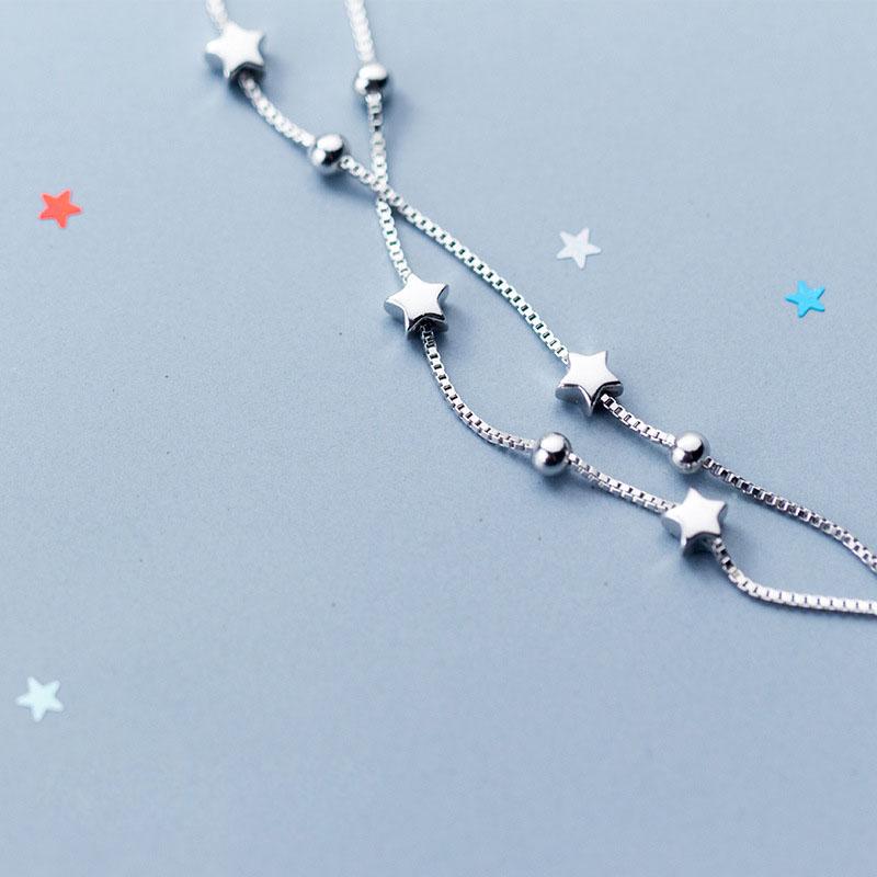 Fashion 925 Sterling Silver Glossy Star Beads Layer Chain Bracelets Women Jewelry