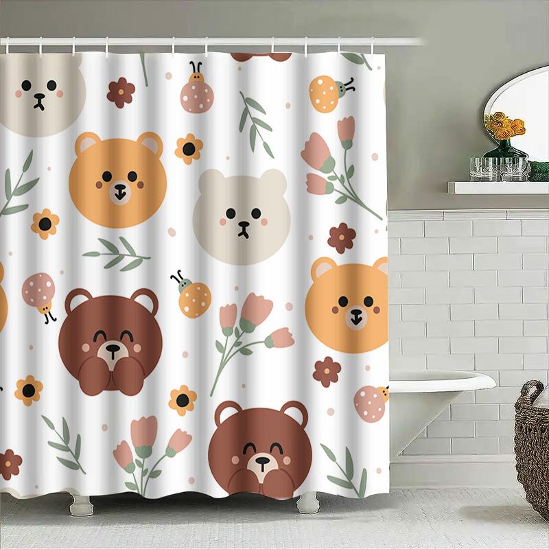 Adorable Cartoon Bear Print Shower Curtain For Bathroom Decoration White Floral Design Shower Panels Set With Hook Rings (180X27