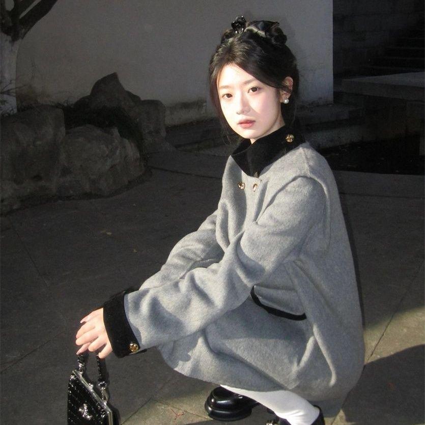 2026 Elegant Women s Winter Woolen Coat - Stand Collar, Double-Breasted, Loose Fit XL