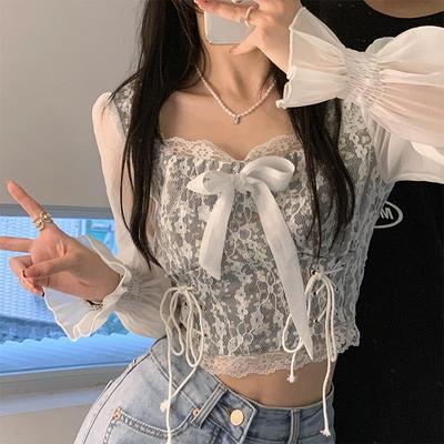 Ladies Shirts Niche Design Casual Lace Bow Summer High Waist Short Top Sunscreen Clothes Blouse Sweet Thin Women Crop Tops