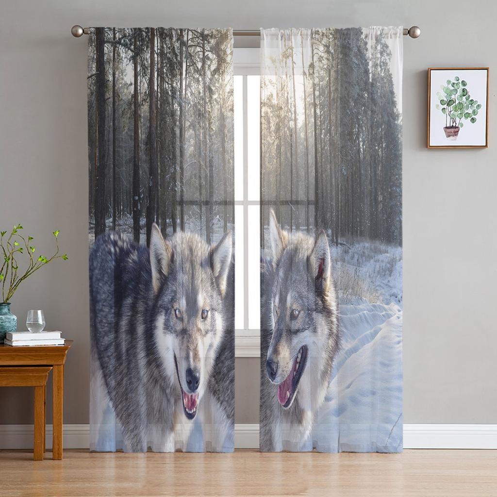 Wolf Forest Animal Tylové závěsy do obývacího pokoje Voile Průsvitný okenní závěs do ložnice Šifonové závěsy do kuchyně