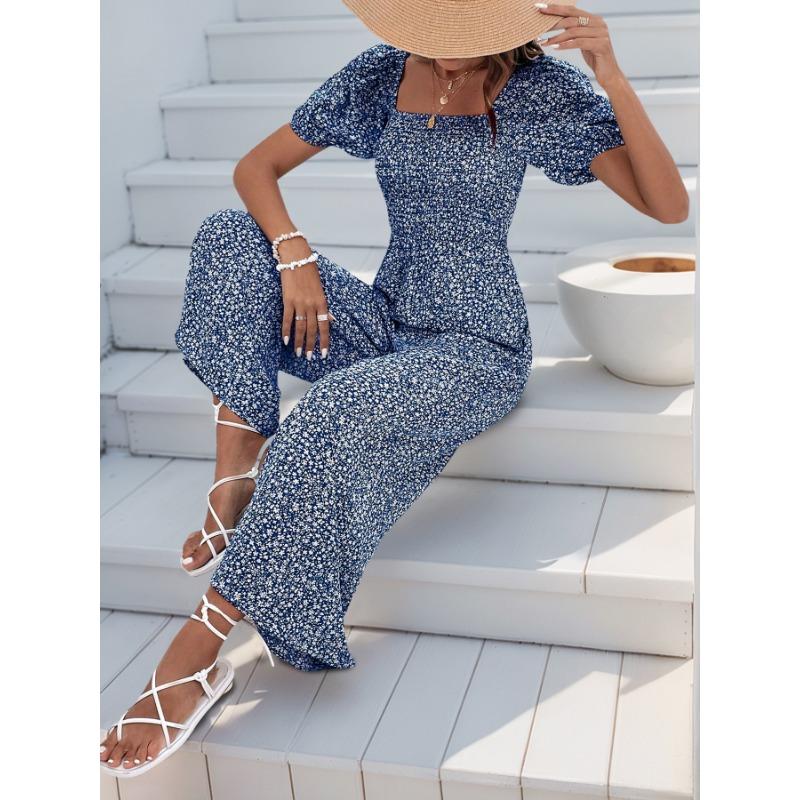 VEZFAA Women's Fashion Casual Summer Spring Short Sleeve Square Collar High Waist Trousers Jumpsuits & Rompers